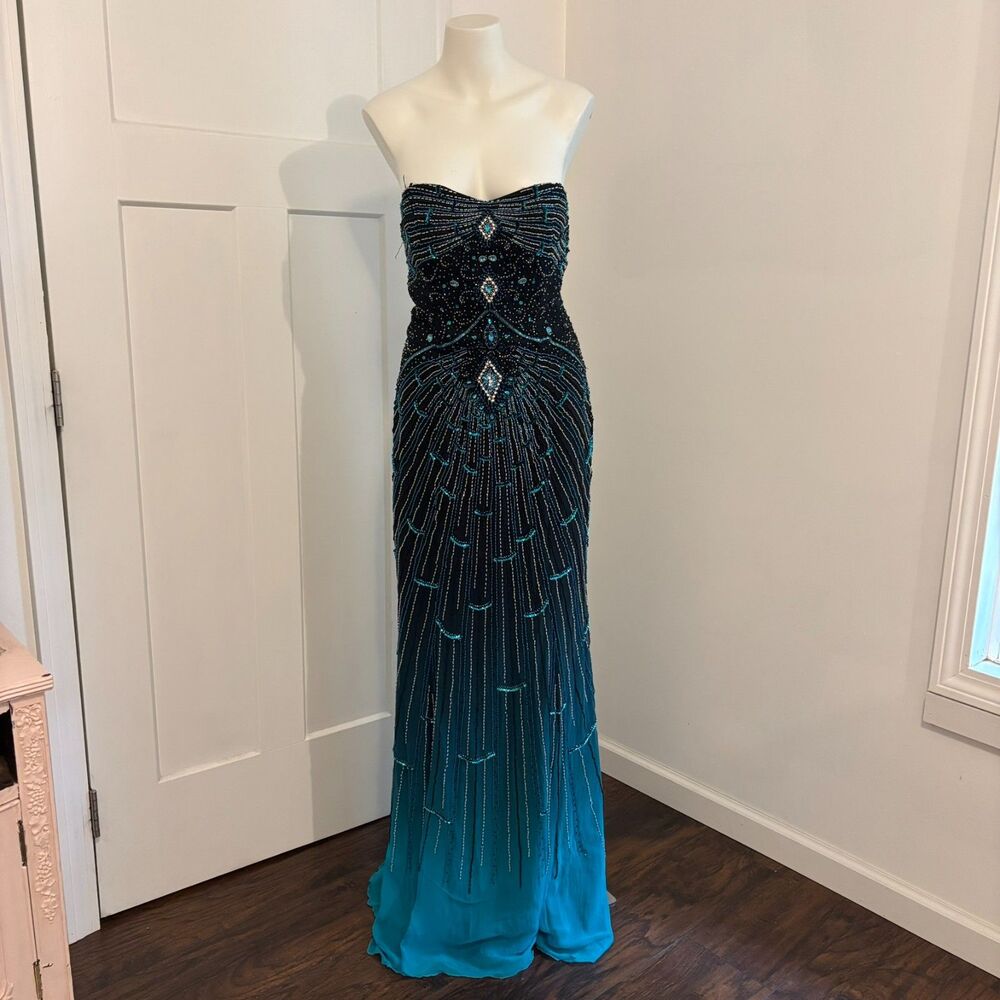 Alyce Designs size 10 Fully Beaded Sequin Ombre Black to Blue Mermaid Prom Dress